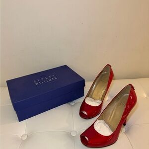 Stuart Weitzman Glossy Red Peep Toe Heels